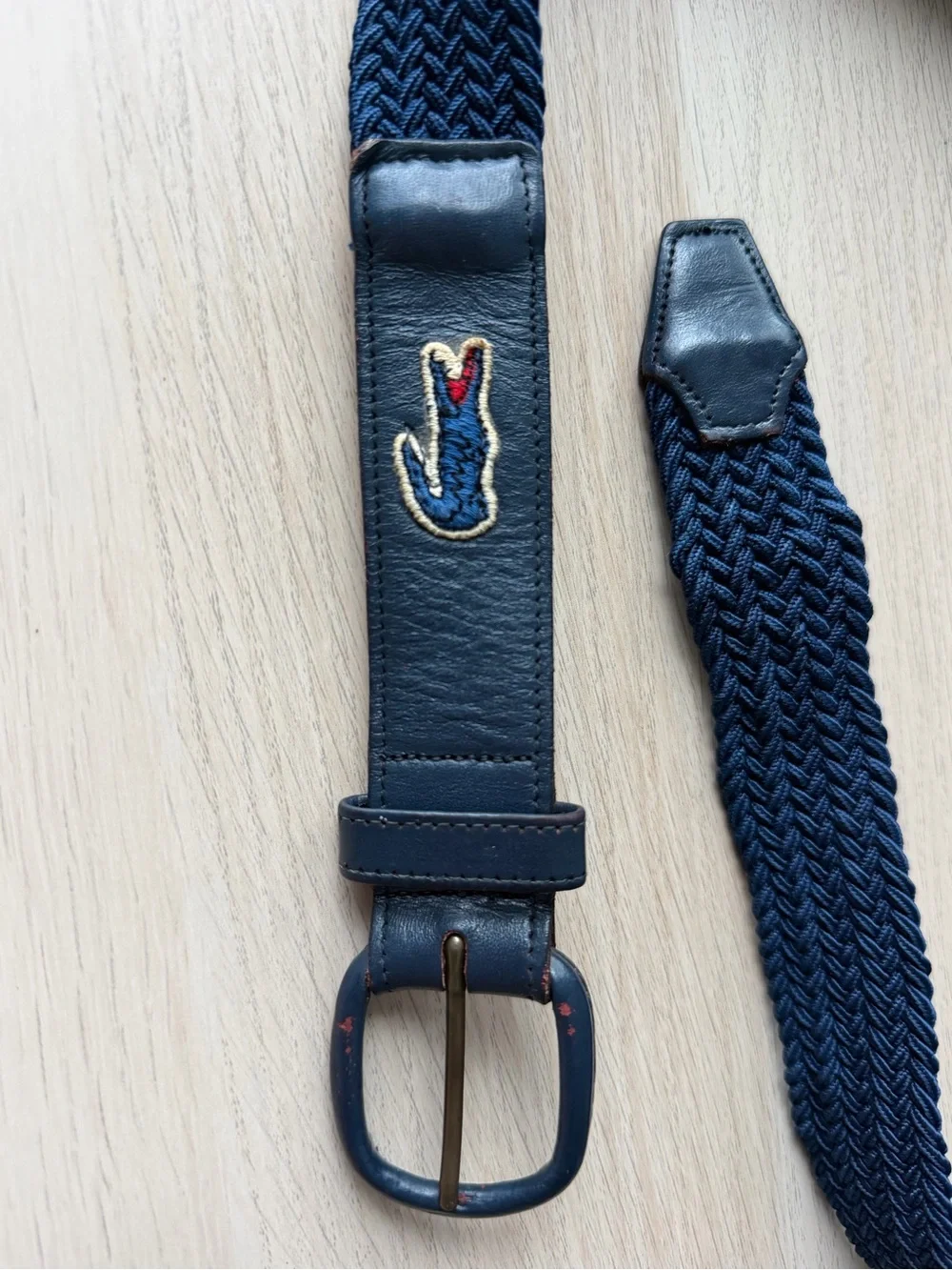 Lacoste Vintage Woven Stretch Belt Navy Leather Trim Brass Buckle Sz 38/95